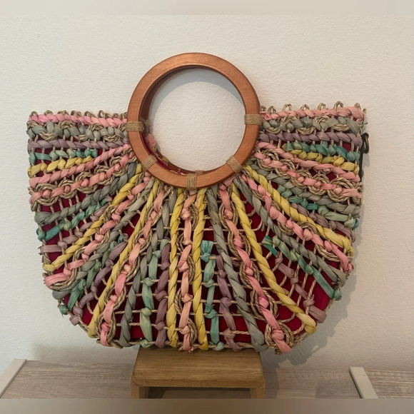 PATRICIA NASH Lesa Multicolor Pastel Straw Bag Wood Ring Handle Boho NO STRAP - Picture 1 of 11